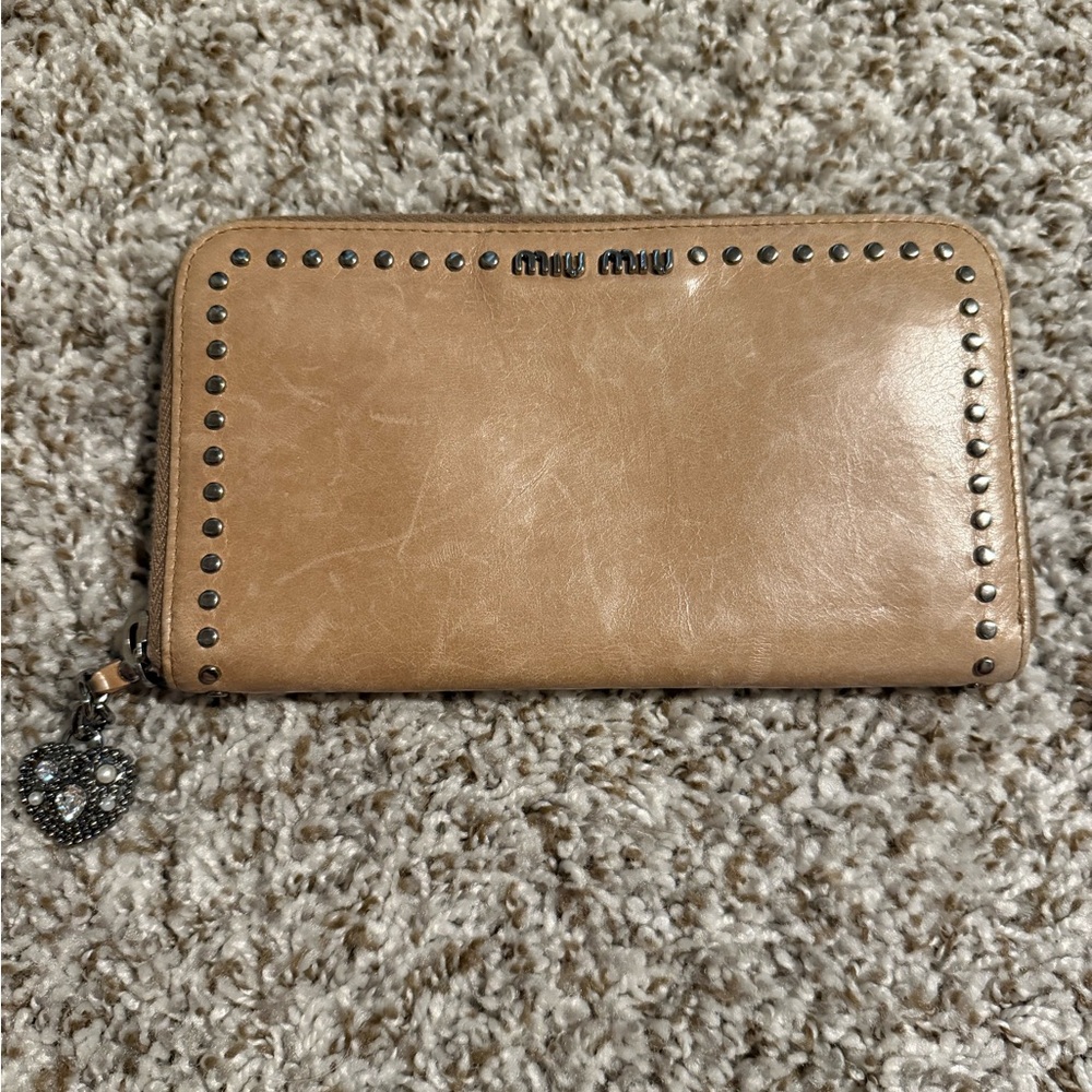 Miu Miu Beige Leather Wallet with Stud Accents